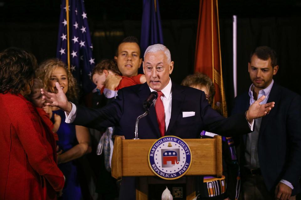 Republican Greg Pence addresses the crowd at the Factory 12 Event Lofts in Columbus, Ind., after winning the race for IndianaÕs 6th Congressional District against opponents Democrat Jeannine Lee Lake and Libertarian Tom Ferkinhoff on Tuesday, Nov. 6, 2018. 