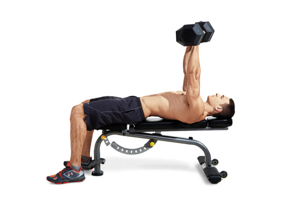 How to do it:<ol><li>Lie back on a flat bench with a dumbbell in each hand.</li><li>Hold the weights at shoulder-level</li><li>Then press the weights straight up.</li></ol>
