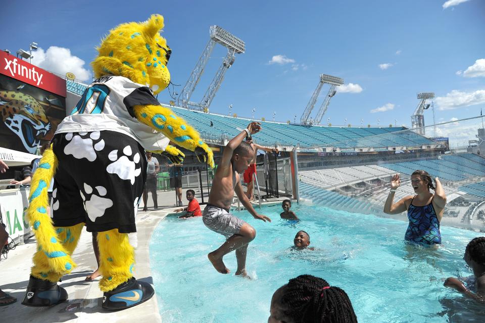 Kids with the proper ticket can use the spas at EverBank Stadium during Jaguars games, but only if they are at least 54 inches tall.