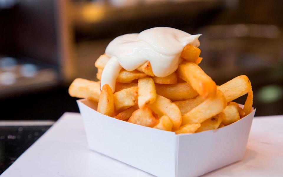 The famous Belgian frite in its natural habitat - under dollops of delicious mayonaise.  - Lonely Planet Images