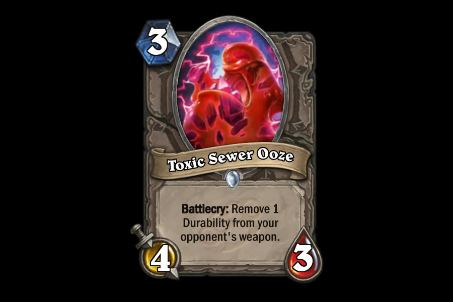 <p>It's not strictly worse than Acidic Swamp Ooze, but Toxic Sewer Ooze is pretty damn close. It's slightly more powerful with its 4/3 stats, but only dropping a single durability from a weapon is significantly worse than destroying it completely. Don't anticipate seeing it around much as long as its cousin is still in the game. </p>