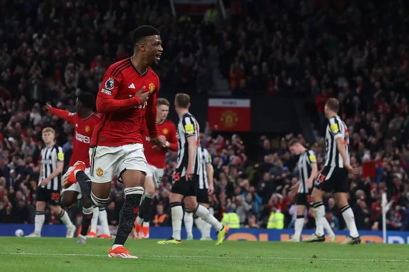 Amad Diallo celebrates after scoring for Manchester United against Newcastle