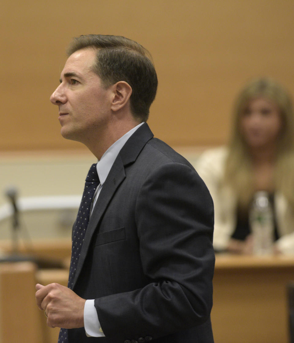 Attorney Chris Mattei questions Brittany Paz, a Connecticut lawyer hired by Alex Jones to testify about his companies' operations during the Alex Jones Sandy Hook defamation damages trial in Superior Court in Waterbury on Friday, Sept. 16, 2022, Waterbury, Conn. (H John Voorhees III/Hearst Connecticut Media via AP, Pool)