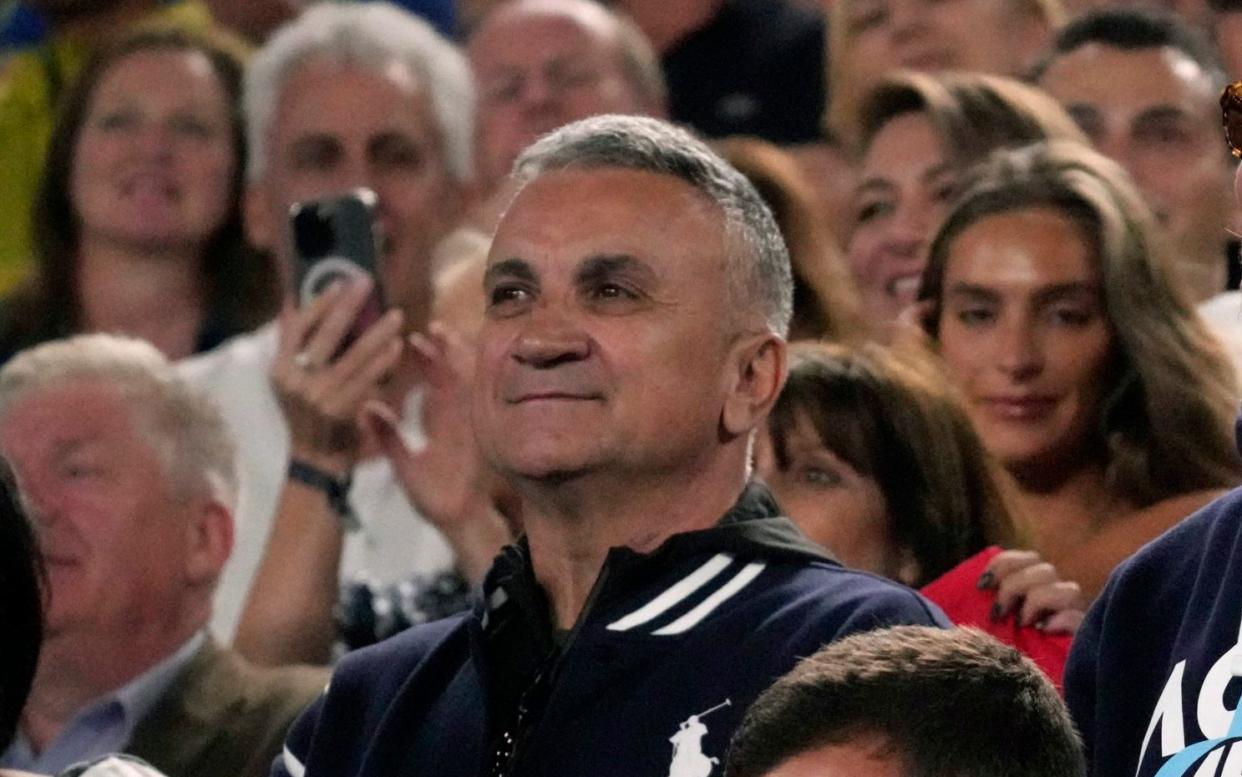 The parents of Novak Djokovic of Serbia, father Srdjan and mother Dijana react during his post match speech following his win over Andrey Rublev of Russia at the Australian Open tennis championship in Melbourne, Australia, Wednesday, Jan. 25, 2023 - AP Photo/Dita Alangkara