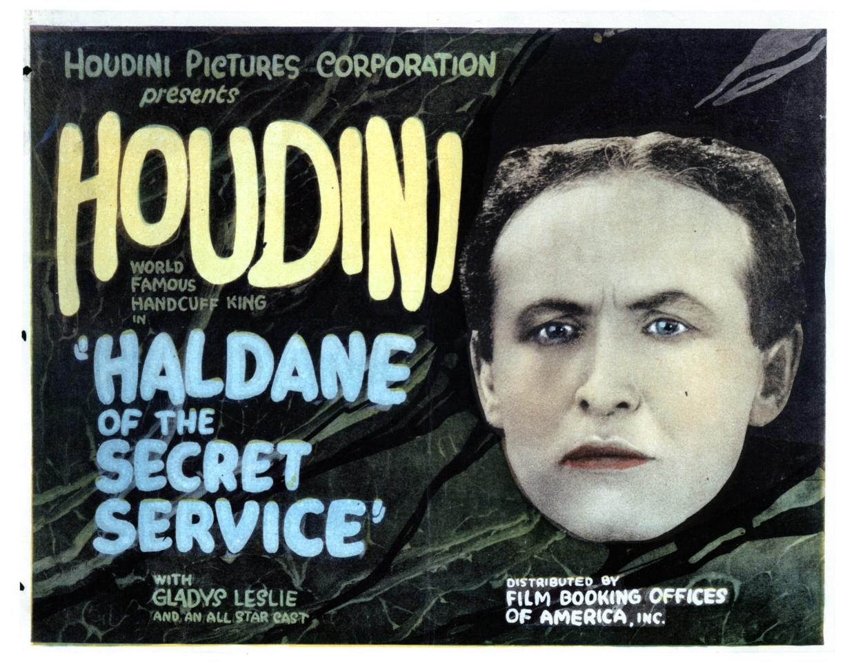 An original promotional slide for Harry Houdini in 'Haldane of the Secret Service' (1923), a silent adventure film to be shown with live music on Wednesday, Sept. 6 at the historic Leavitt Theatre, 259 Main St., Route 1 in Ogunquit.