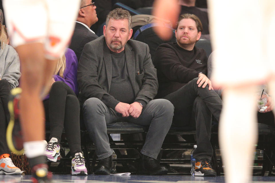 Feb 12, 2020; New York, New York, USA; New York Knicks executive chairman James Dolan watches the game during the first quarter against the Washington Wizards at Madison Square Garden. Mandatory Credit: Brad Penner-USA TODAY Sports