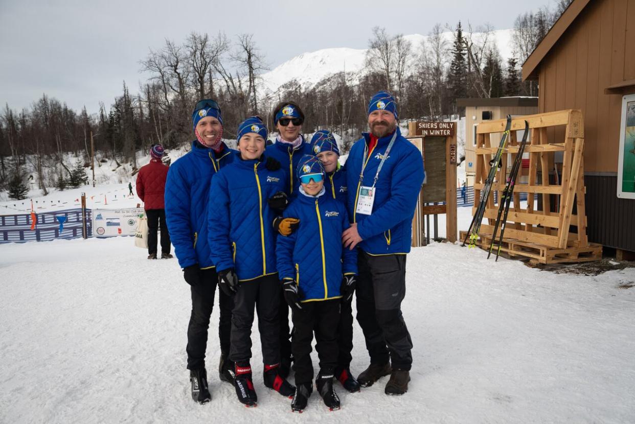 Athletes on the Nunavut ski team have been competing for only a couple of years. From right to left: Benoit Havard, Breton Didham, Callum Goddard, Igimaq Williamson Bathory, Gabriel Mossey and Shannon Chartré. (Cheryl Kawaja/CBC - image credit)