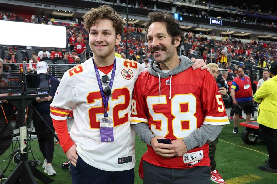 <p>Jamie Squire/Getty Images</p> Paul Rudd and son Jack Rudd at the 2024 Super Bowl