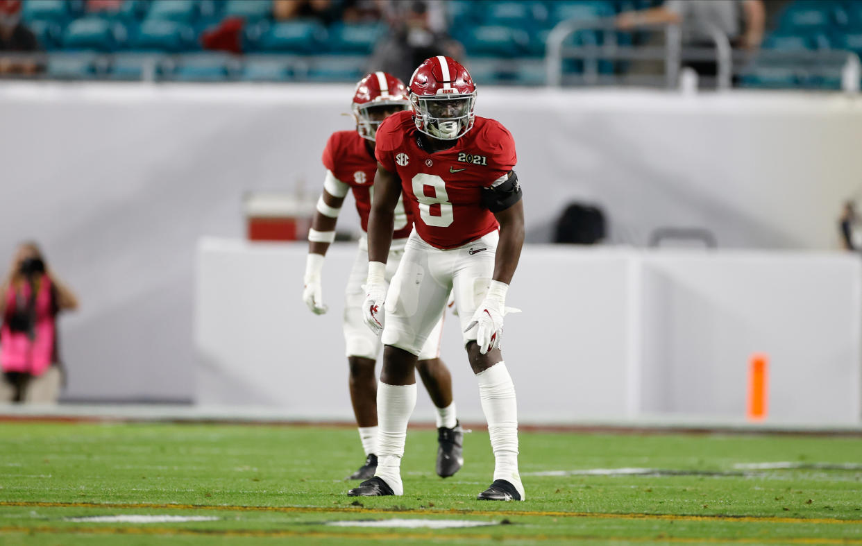 MIAMI, FL - JANUARY 11: Christian Harris #8 of the Alabama Crimson Tide awaits a play against The Ohio State Buckeyes in the College Football Playoff National Championship at Hard Rock Stadium on January 11, 2021 in Miami, Florida. (Photo by UA Athletics/Collegiate Images/Getty Images)