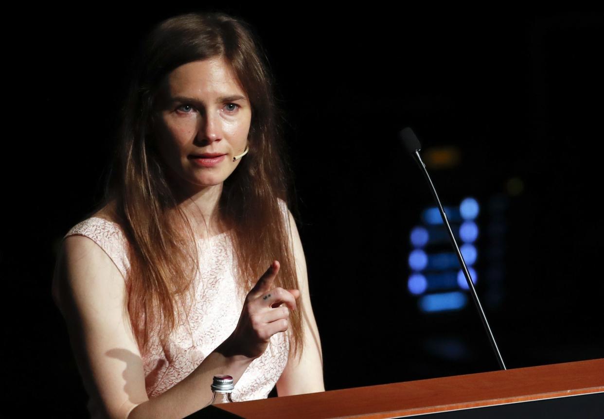 Amanda Knox speaks at a Criminal Justice Festival at the University of Modena, Italy, Saturday, June 15, 2019.