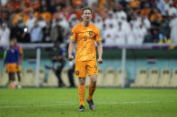 Luuk de Jong of the Netherlands celebrates after scoring a penalty kick during the World Cup quarterfinal soccer match between the Netherlands and Argentina, at the Lusail Stadium in Lusail, Qatar, Saturday Dec. 10, 2022. (AP Photo/Jorge Saenz)