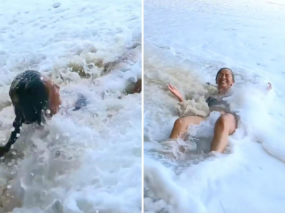 Two photos of Amanda Train surrounded by foamy sea water after being dunked