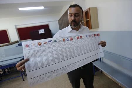 An election official holds up a ballot paper at a polling station during the parliamentary election in Istanbul, Turkey, June 7, 2015. REUTERS/Murad Sezer