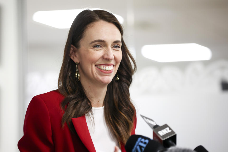 WELLINGTON, NEW ZEALAND - NOVEMBER 06: Prime Minister of New Zealand Jacinda Ardern looks on during a press conference after addressing the Labour Party Annual Conference at Labour Party Head Office on November 06, 2021 in Wellington, New Zealand. Prime Minister Ardern announced an increase to the Family Tax credit due to the impact of COVID on families, along with the increased cost of living, so that 346,000 families will be better off by an average of $20 a week. The Labour Party Annual Conference runs from 5 - 6 November.  (Photo by Hagen Hopkins/Getty Images)