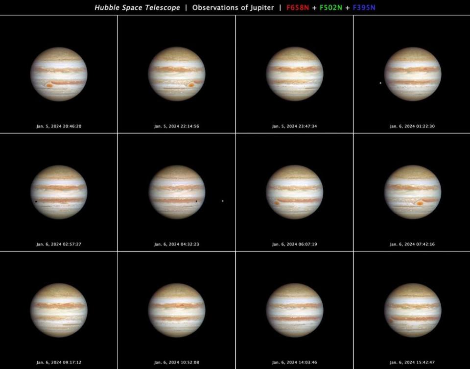 這是由哈柏太空望遠鏡在2024年1月5日至6日拍攝的一系列12張圖片，展示了巨大行星木星的一次完整自轉。通過觀察顯眼的大紅斑，我們可以測量出木星近10小時的真實自轉速度。在這些照片中，我們還能看到最靠近木星的伽利略衛星之一，「艾歐」，以及它的影子穿過木星的雲層。哈伯望遠鏡每年都會在「外行星大氣遺產」計劃（OPAL）下監測木星和其他外太陽系行星。圖片提供：NASA