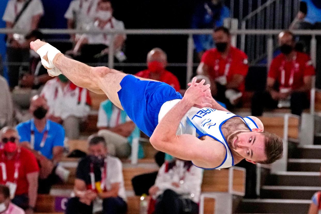 Artem Dolgopyat competes on the floor at Ariake Gymnastics Centre.