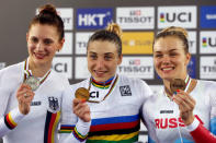 Cycling - UCI Track World Championships - Women's 500m Time Trial Final - Hong Kong, China - 15/4/17 - Germany's Miriam Welte, Russia’s Daria Shmeleva and Russia’s Anastasiia Voynova celebrate with their medals. REUTERS/Bobby Yip