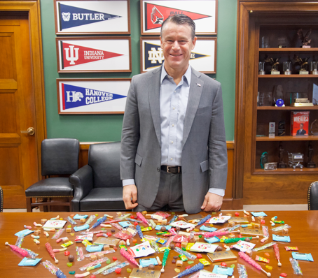 U.S. Senator Todd Young (R-Ind.) is offering his colleagues Hoosier sweets as the new occupant of the Senate's "candy desk."  The desk is a Senate tradition since the 1960s, and the senator who sits at the desk is responsible for ensuring it is stocked with sweets from the senator's home state.