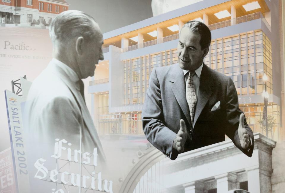 A detail of the Eccles and First Security Heritage Mural is on pictured in the lobby of the Wells Fargo Center in downtown Salt Lake City on Wednesday, Nov. 22, 2023. Images used in the mural are courtesy of The George S and Dolores Eccles Foundation and Wells Fargo Corporate Archives, in collaboration with the Wells Fargo Community Mural Program. | Kristin Murphy, Deseret News