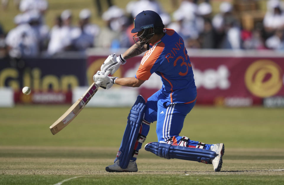 Indian batsman Rinku Singh in action during the T20 cricket match between Zimbabwe and India at the Harare Sports club, in Harare, Sunday, July 14,2024. (AP Photo/Tsvangirayi Mukwazhi)