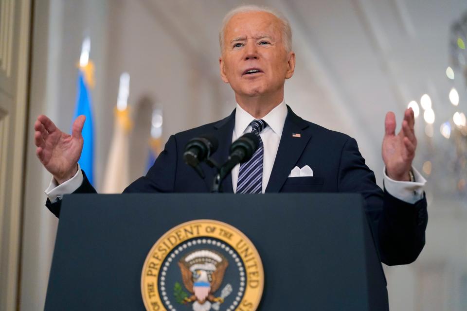 President Joe Biden speaks about the COVID-19 pandemic during a prime-time address from the East Room of the White House, Thursday, March 11, 2021, in Washington.