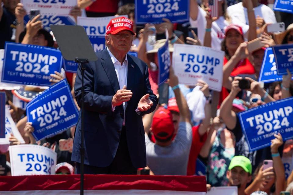 Former President Donald Trump hosts a campaign event in Pickens, South Carolina on Saturday, July 1, 2023.