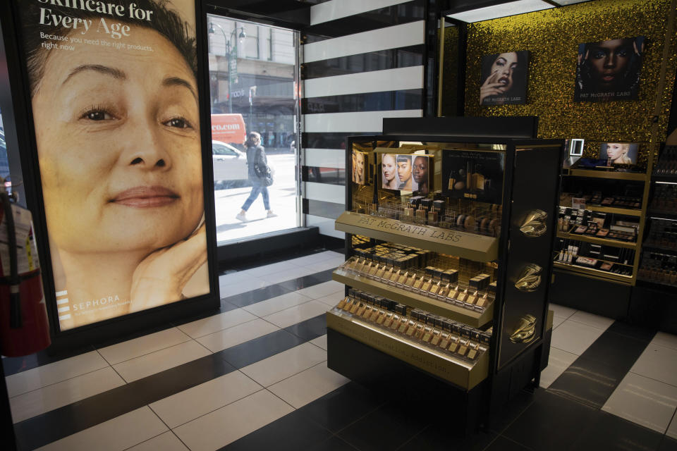 In this photo taken on May 7, 2021, products from makeup brand Pat McGrath are on display inside a Sephora store in New York. Sephora recently announced a commitment to devote at least 15% of its store shelves to Black-owned brands. (AP Photo/Robert Bumsted)
