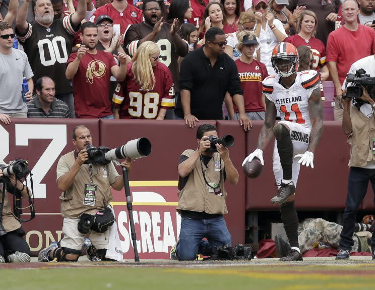 Terrelle Pryor celebrates a touchdown in Week 4 (AP)