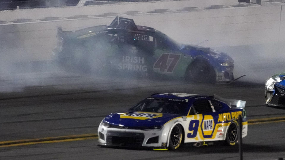 Ricky Stenhouse Jr. (47) crashes during the NASCAR Daytona 500 auto race Sunday, Feb. 20, 2022, at Daytona International Speedway in Daytona Beach, Fla. (AP Photo/Chris O'Meara)