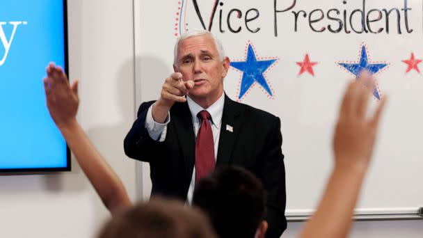 PHOTO: Vice President Mike Pence takes questions from fourth grade students at Thales Academy which reopened to students in Apex, N.C., July 29, 2020. (Gerry Broome/AP)