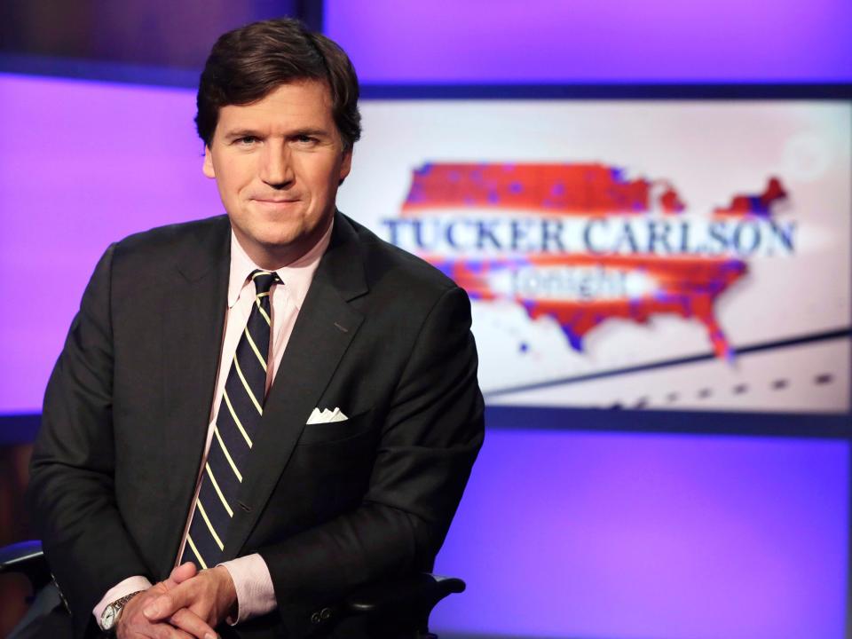 Tucker Carlson, host of "Tucker Carlson Tonight," poses for photos in a Fox News Channel studio on March 2, 2017, in New York.