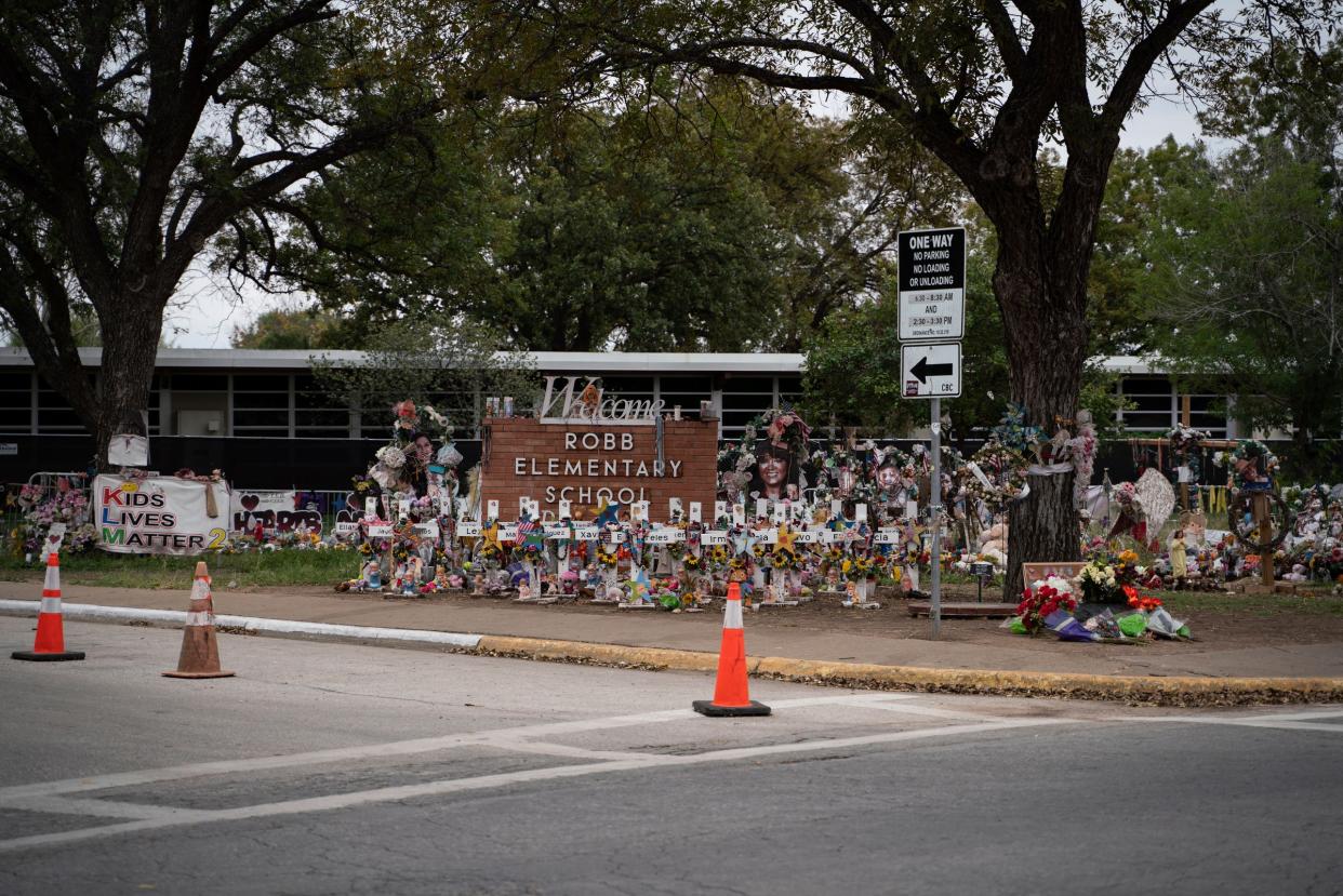 Memorials represent the lives of 19 children and 2 teachers that were killed in a mass school shooting on May 24, 2022, outside of Robb Elementary School in Uvalde, Texas on Friday, Nov. 18, 2022.