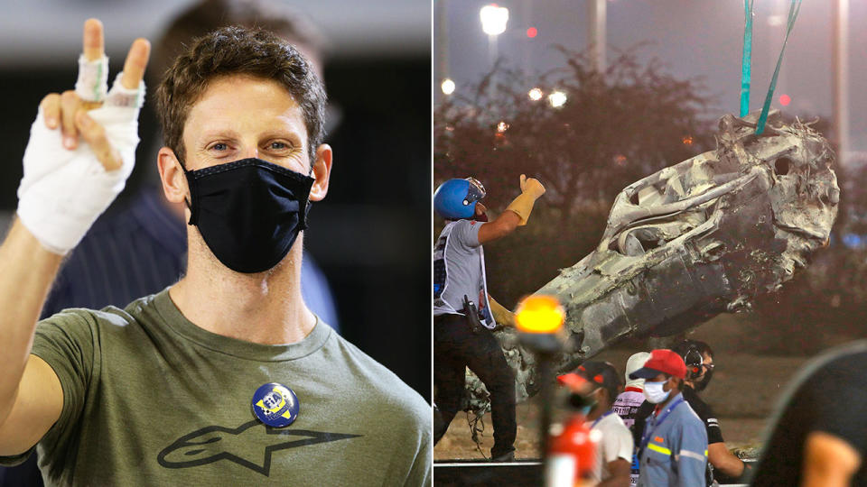 Pictured here, Romain Grosjean is out of hospital after the shocking crash at the Bahrain GP.