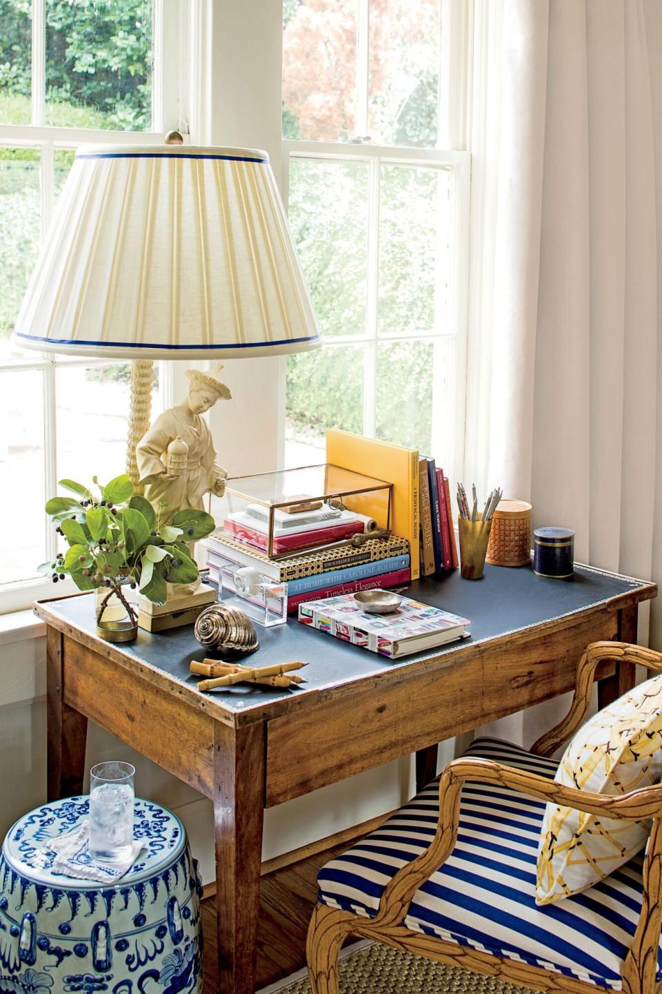 Wooden Desk with Blue Striped Chair