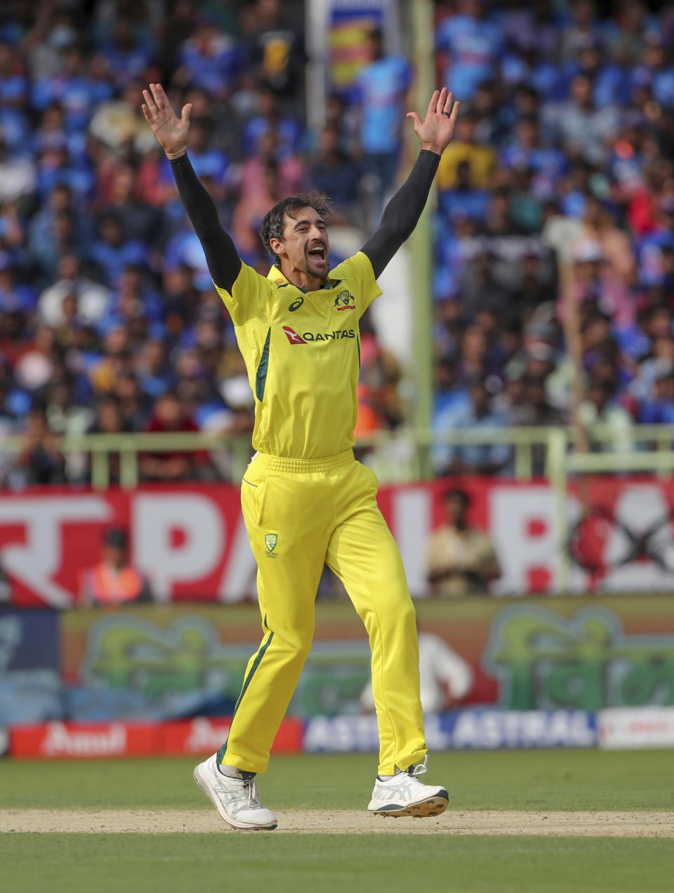 Australia's Mitchell Starc appeals unsuccessfully for LBW against India's Mohammed Siraj during the second one-day international cricket match between India and Australia, in Visakhapatnam, India, Sunday, March 19, 2023. (AP Photo/Surjeet Yadav)