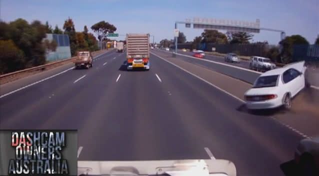 A car load of passengers lucky to survive a freeway smash in the path of a semi-trailer on the Princes Freeway near Point Cook. Photo: Dash Cam Owners Australia