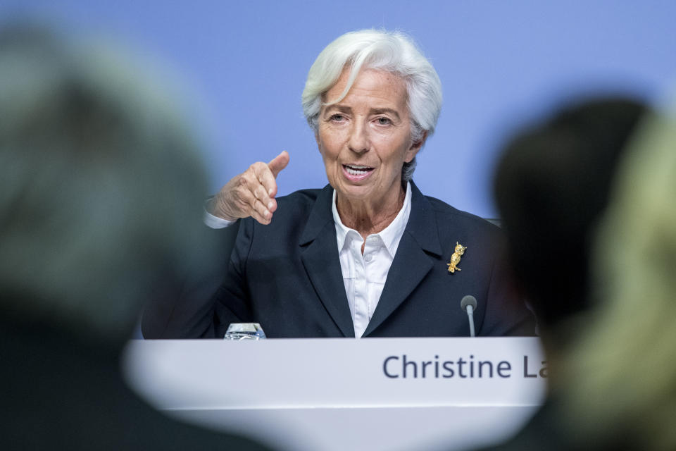 FRANKFURT AM MAIN, GERMANY - JANUARY 23: Christine Lagarde, President of the European Central Bank (ECB), speaks to the media following a meeting of the ECB's Governing Council on January 23, 2020 in Frankfurt, Germany. Lagarde took the helm of the ECB on November 1 of last year, succeeding Mario Draghi. (Photo by Thomas Lohnes/Getty Images)