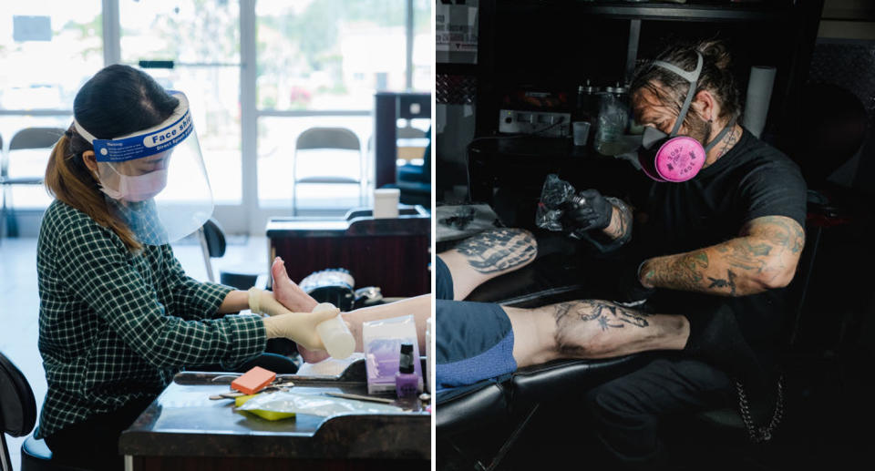 A hair salon worker and a tattoo artist in Georgia go back to work as non essential businesses reopen in the. state. Source:  Getty