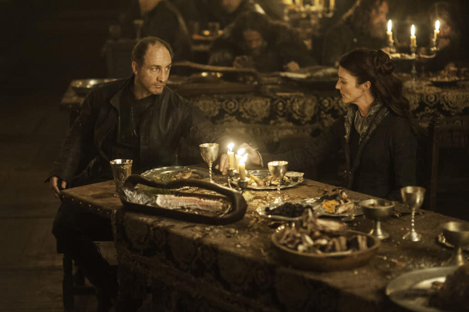 Michael McElhatton and Michelle Fairley in the "Game of Thrones" episode, "The Rains of Castamere."