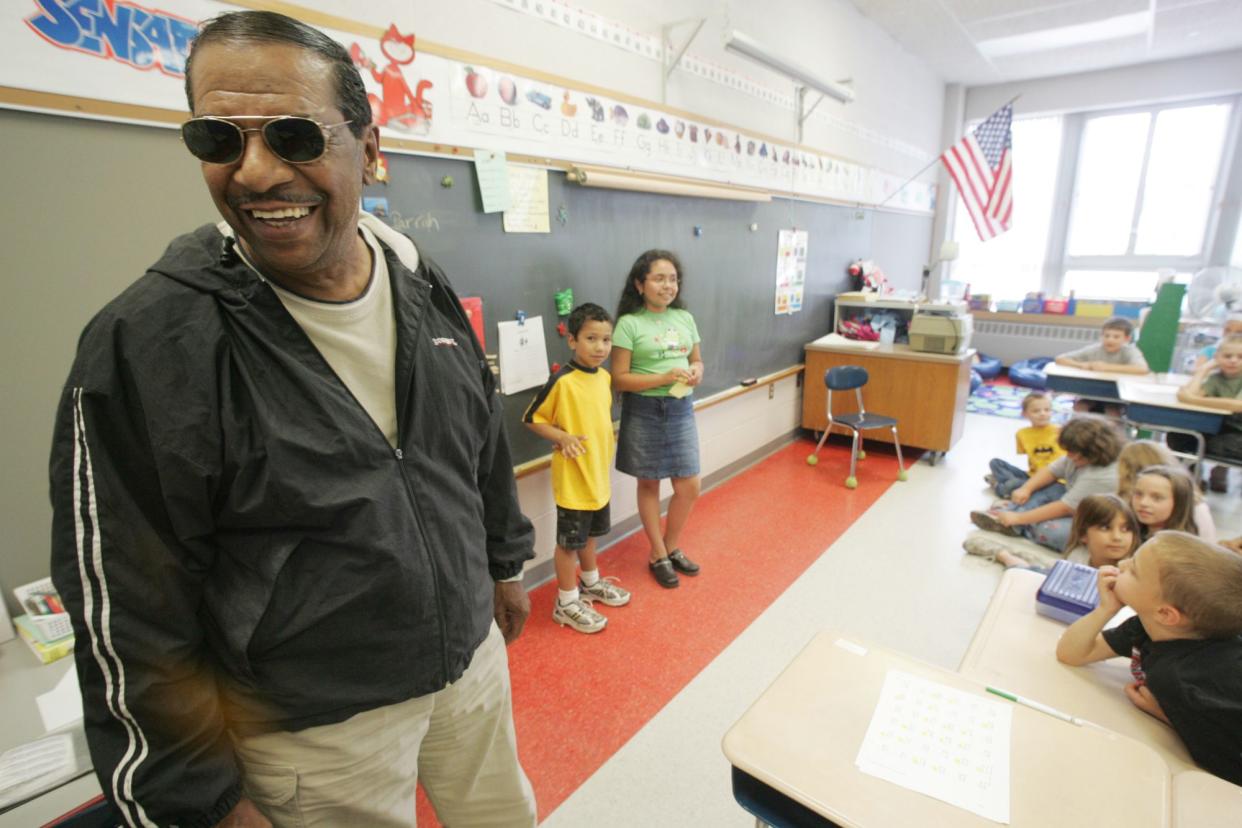 Fred Parris visits his grandchildren's school in Meriden, Conn., in 2005.