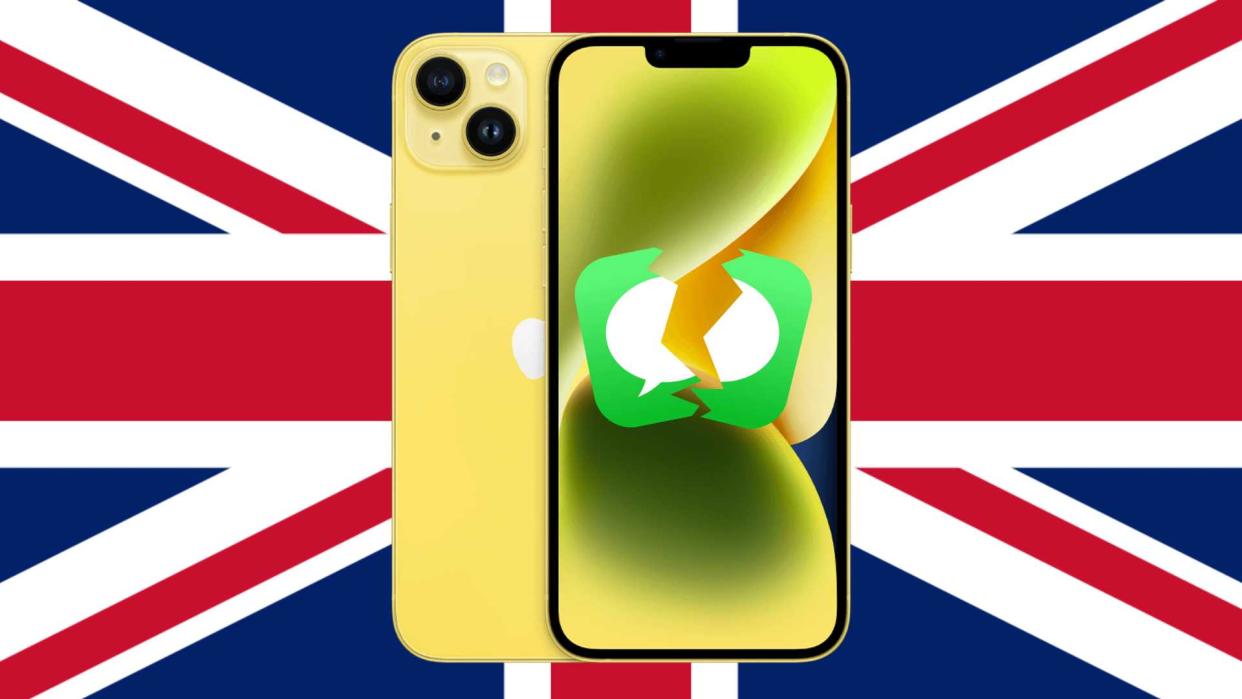  An iPhone stands in front of the Union Jack flag, the iMessage app is on screen but the logo has ben broken in two 