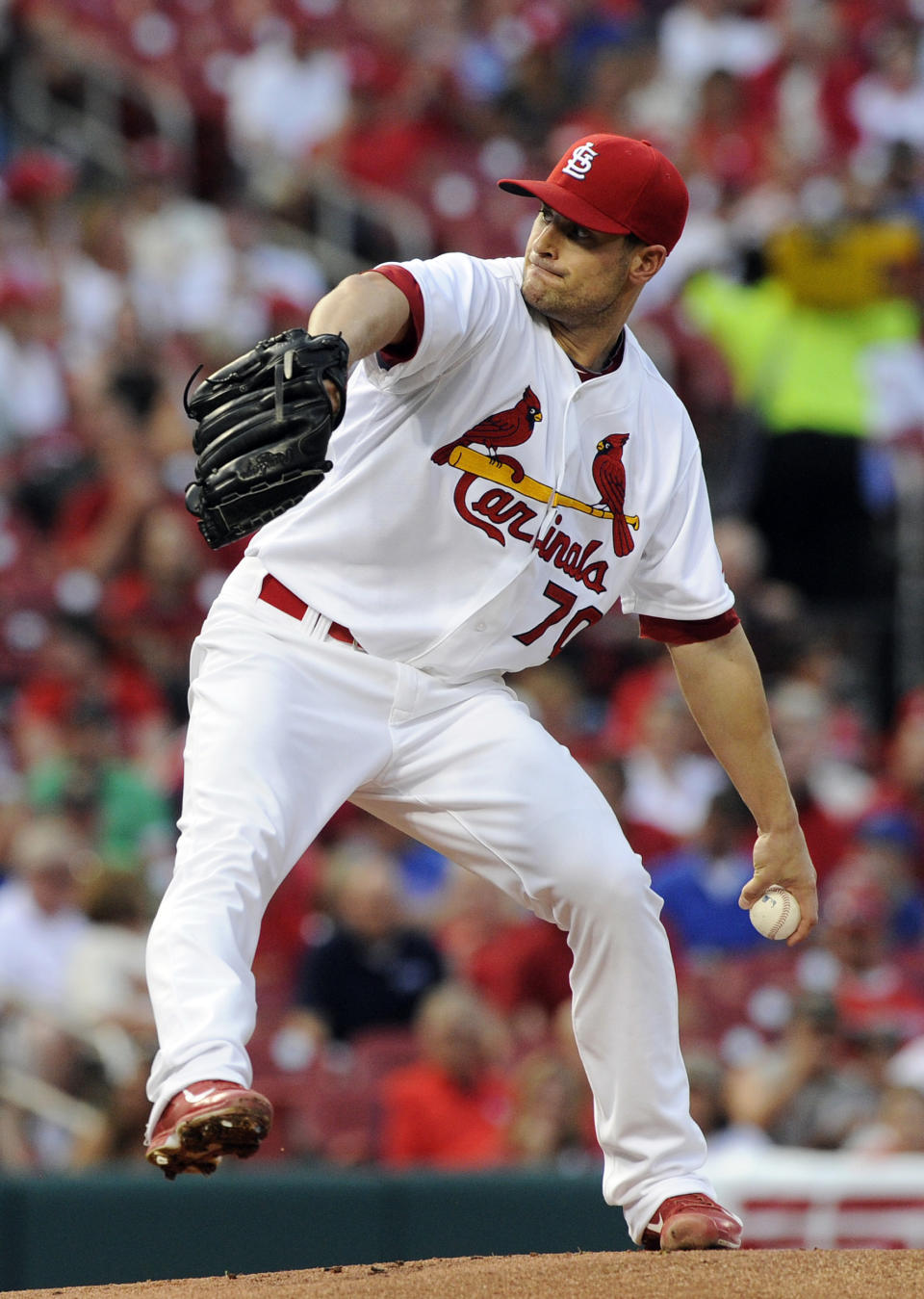 St. Louis Cardinals' starting pitcher Tyler Lyons throws against the Chicago Cubs in the first inning in a baseball game, Monday, May 12, 2014, at Busch Stadium in St. Louis. (AP Photo/Bill Boyce)