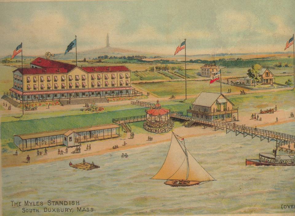 Myles Standish Hotel and Standish Shore, circa 1880. In a  late 19th-century trade card of the Myles Standish Hotel, you see the hotel, the Myles Standish Monument in the background and in the foreground the Duxbury Yacht Club and Standish Spring, which supplied the hotel’s water.