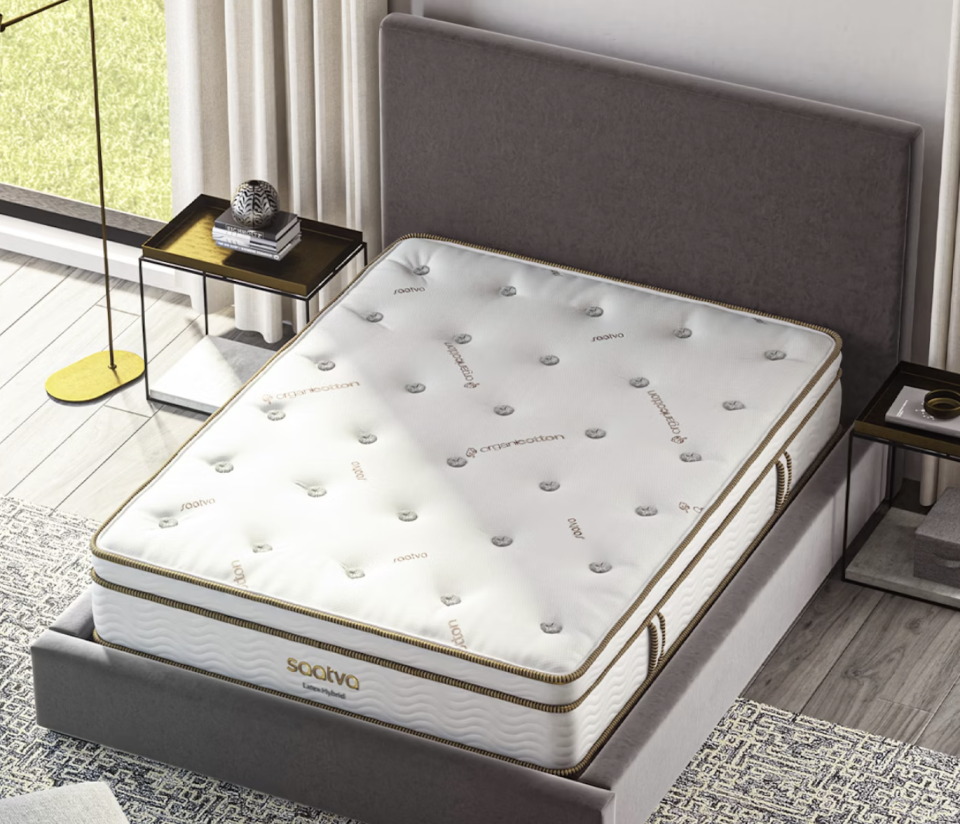 <p><a href="https://go.redirectingat.com?id=74968X1596630&url=https%3A%2F%2Fwww.saatva.com%2Fmattresses%2Fsaatva-latex-hybrid%3Fcoupon%3Dfrifvwdywrnmluog&sref=https%3A%2F%2F" rel="nofollow noopener" target="_blank" data-ylk="slk:Shop Now;elm:context_link;itc:0;sec:content-canvas" class="link ">Shop Now</a></p><p>Saatva Latex Hybrid Mattress</p><p>$1756.00</p>