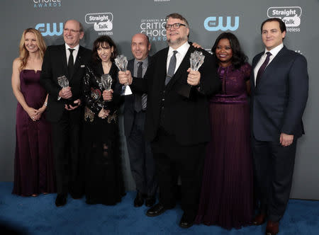 23rd Critics' Choice Awards – Photo Room – Santa Monica, California, U.S., 11/01/2018 – Guillermo del Toro and cast pose backstage with their Best Picture and Best Director awards for "The Shape of Water". REUTERS/Monica Almeida/Files