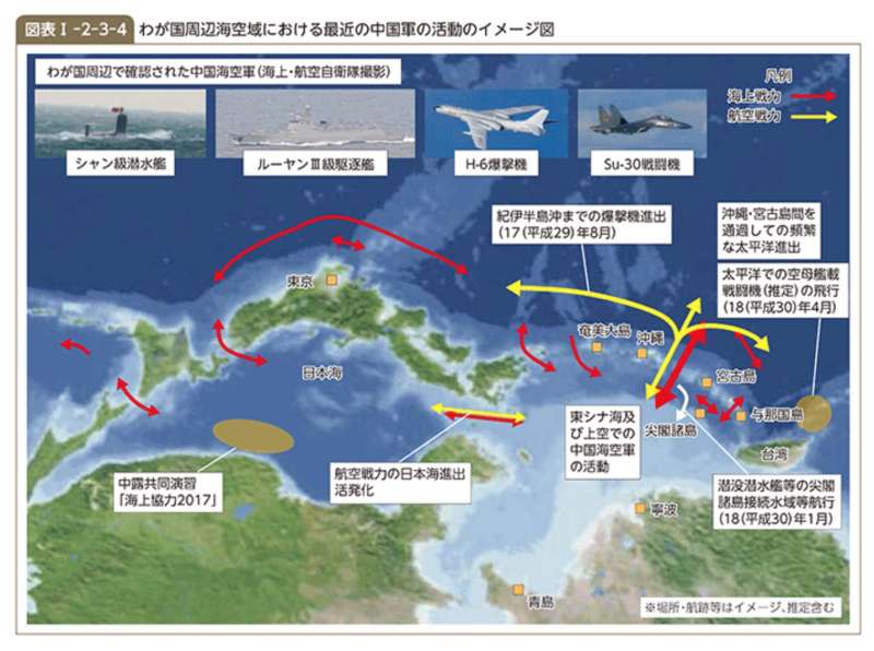 日本平成30年防衛白皮書對解放軍進出第一島鏈相當關注。（平成30年防衛白書）