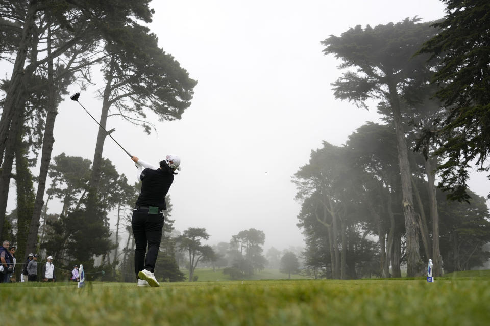 Min Lee, tees off on the ninth hole at Lake Merced Golf Club during the final round of the LPGA Mediheal Championship golf tournament Sunday, June 13, 2021, in Daly City, Calif. (AP Photo/Tony Avelar)