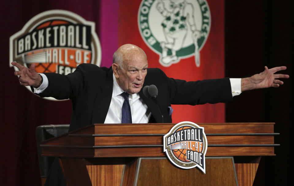 FILE - Charles "Lefty" Driesell speaks during induction ceremonies into the Basketball Hall of Fame, Friday, Sept. 7, 2018, in Springfield, Mass. Lefty Driesell, the coach whose folksy drawl belied a fiery on-court demeanor that put Maryland on the college basketball map and enabled him to rebuild several struggling programs, died Saturday, Feb. 17, 2024. He was 92. (AP Photo/Elise Amendola, File)