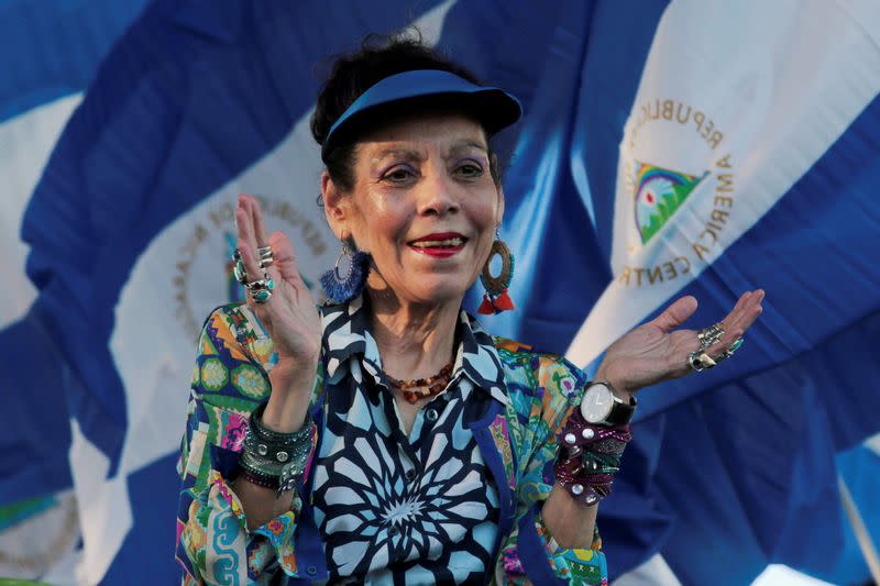 FILE PHOTO: Nicaraguan Vice President Rosario Murillo applauds during a march called "We walk for peace and life. Justice" in Managua