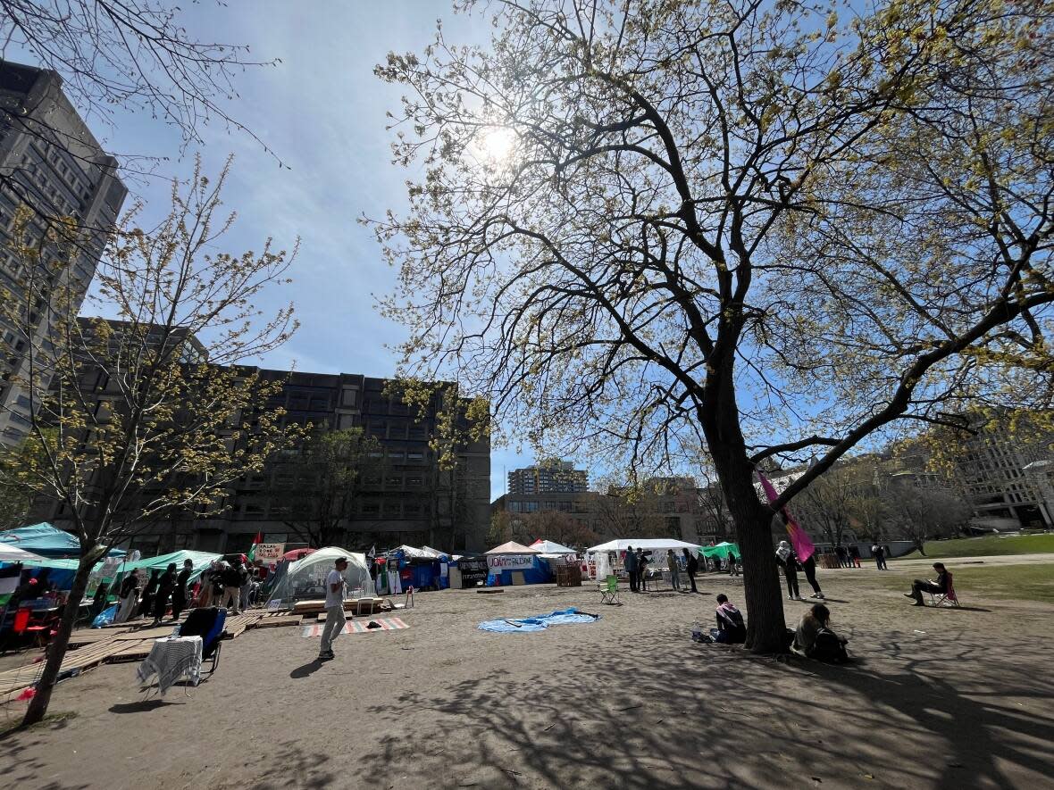 Friday was a sunny and calmer day at the pro-Palestinian encampment on McGill University's downtown Montreal campus. (Verity Stevenson/CBC - image credit)